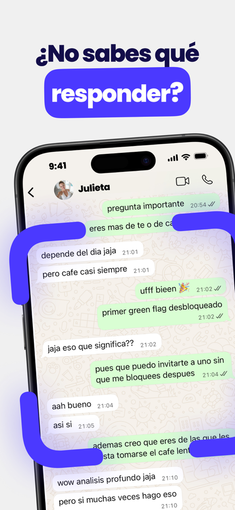 Liggo: Respuestas con IA - Interfaz de la app Liggo mostrando respuestas sugeridas por IA para una conversación de chat