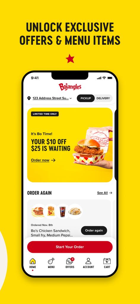 Bojangles Restaurant - Bojangles app screenshot showing exclusive offers and the order again feature