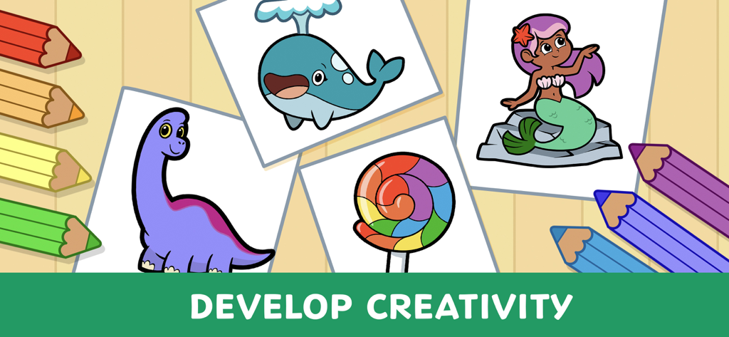 Kids coloring game featuring drawings of a dinosaur whale lollipop and mermaid with the text Develop Creativity