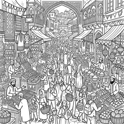 Unleash your creativity with this wonderfully detailed coloring page, capturing the lively energy of a traditional marketplace. Explore a rich tapestry of vendors, shoppers, and exotic goods, waiting for your artistic touch.