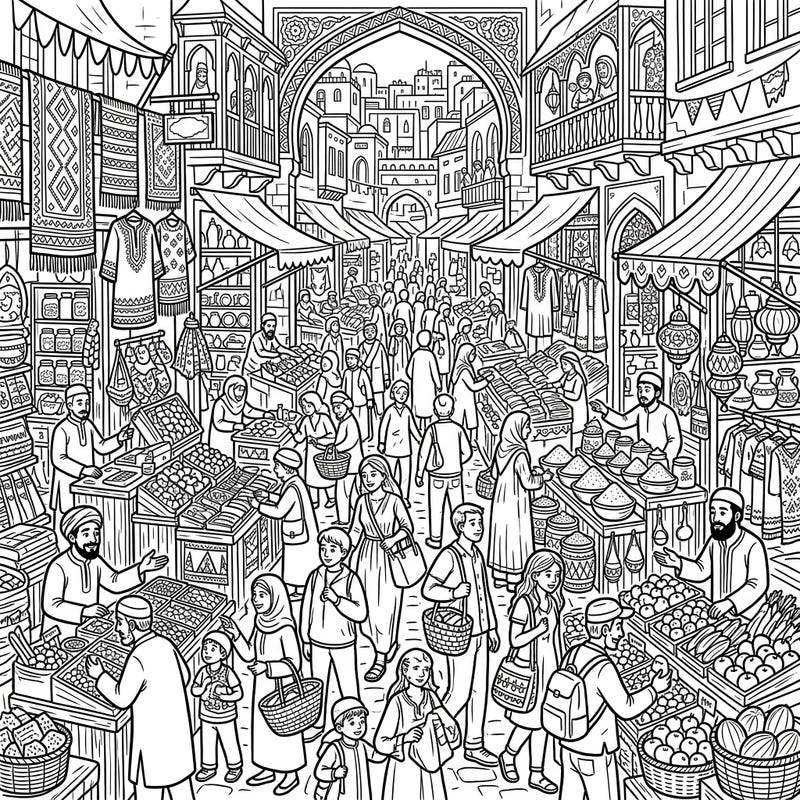 Unleash your creativity with this wonderfully detailed coloring page, capturing the lively energy of a traditional marketplace. Explore a rich tapestry of vendors, shoppers, and exotic goods, waiting for your artistic touch.