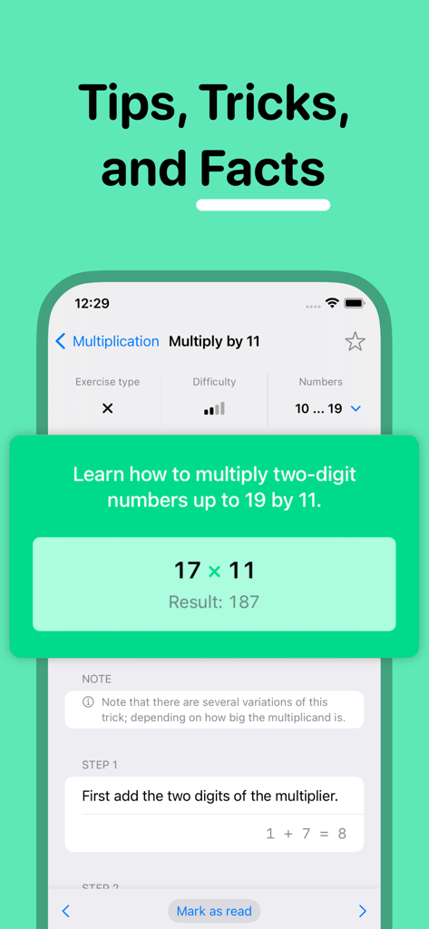 Interfaz de la aplicación FastMath que muestra consejos de cálculo mental y tutorial de trucos de multiplicación