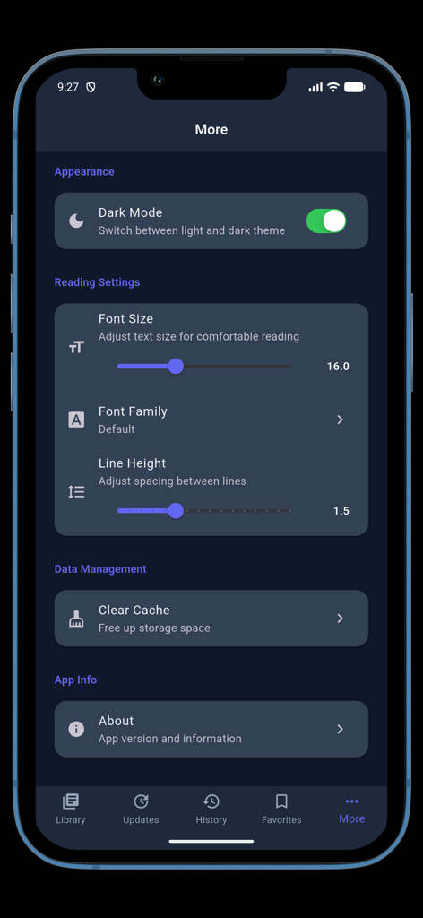 Tachiyomi - Settings screen of Tachiyomi app featuring dark mode and font customization for novel reading.