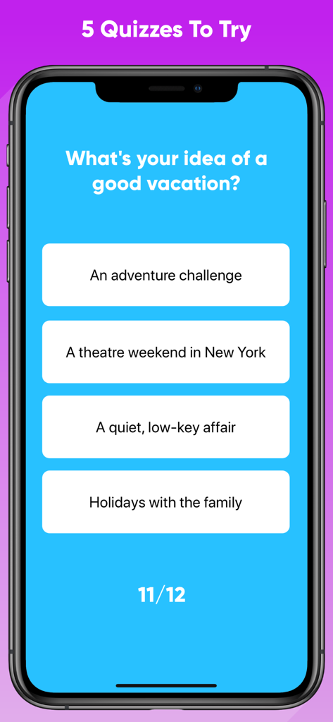 Uno screenshot di un telefono cellulare che mostra una domanda di un quiz di personalità sulle preferenze di vacanza con quattro opzioni a scelta multipla.