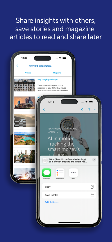 Two mobile phone screens showing the bookmarks section and sharing options within the flow app by Deutsche Bank.