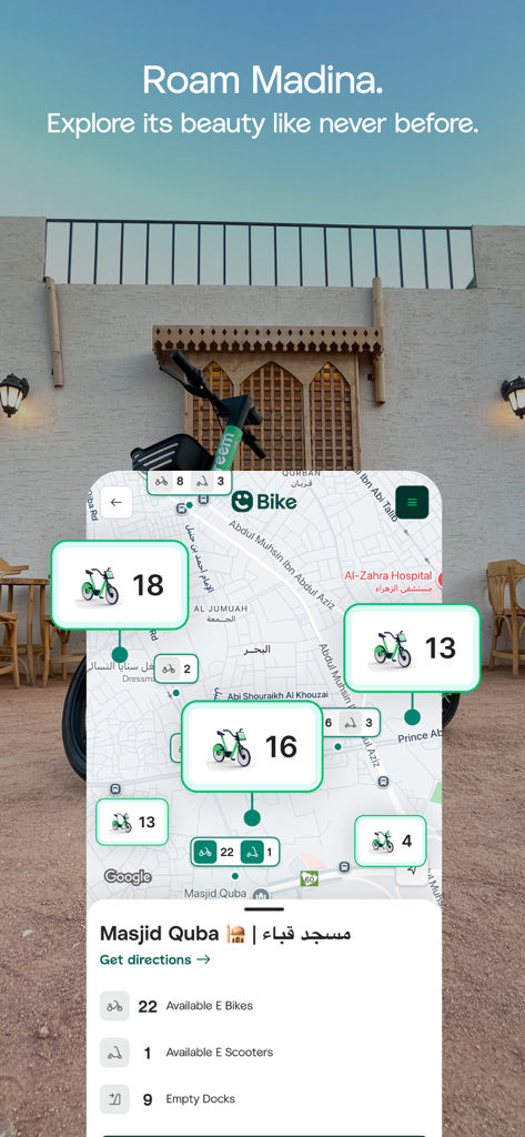 Careem app interface showing bike and scooter availability for roaming Madinah
