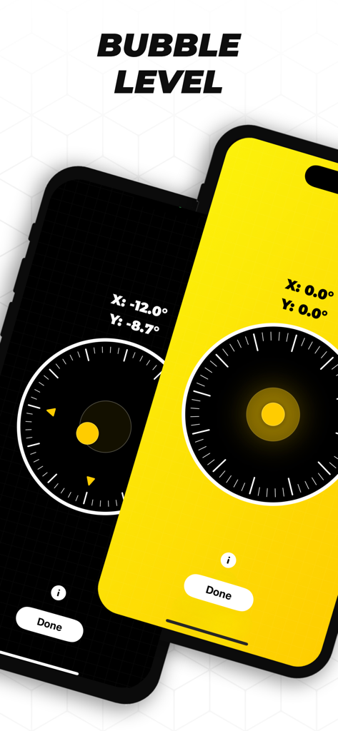 Digital bubble level feature on the Tape Measure app showing angle coordinates on an iPhone screen