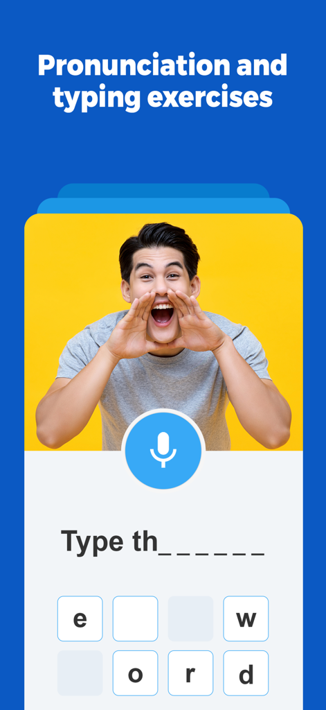 Interfaz de ejercicios de práctica de pronunciación y escritura en inglés con icono de micrófono y fichas de letras.