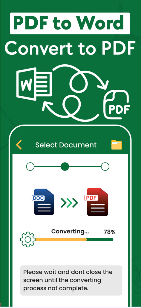 Interface do aplicativo móvel mostrando o progresso da conversão de um documento Word para um arquivo PDF