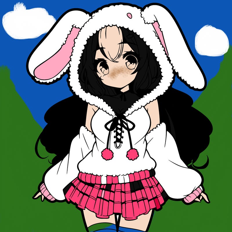 pretty anime girl wearing a fluffy hoodie with bunny ears on the hood and a skirt