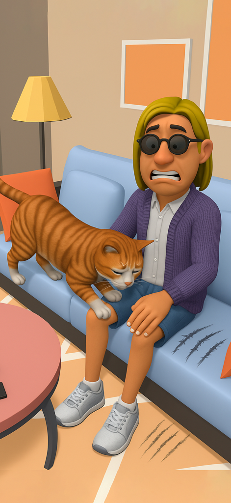 Cat Life Virtual Pet Simulator - Um gato malhado laranja sentado ao lado de um homem preocupado em um sofá azul com arranhões.