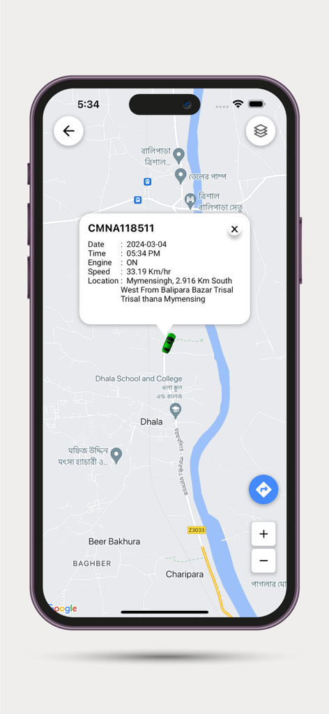Oberfläche der mobilen App, die Echtzeit-GPS-Fahrzeugverfolgung auf einer Karte mit Motorstatus und Geschwindigkeit anzeigt