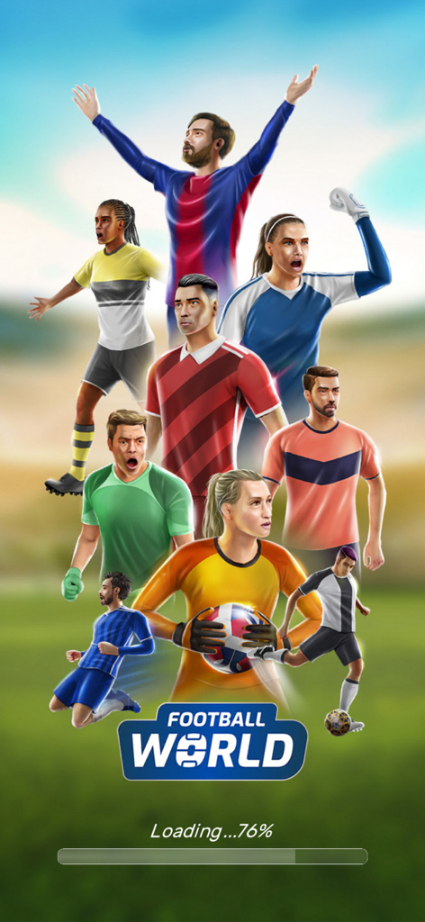 Football World : Online Soccer - Ladebildschirm von Football World Online Soccer mit verschiedenen Fußballspielern und einer Fortschrittsanzeige.