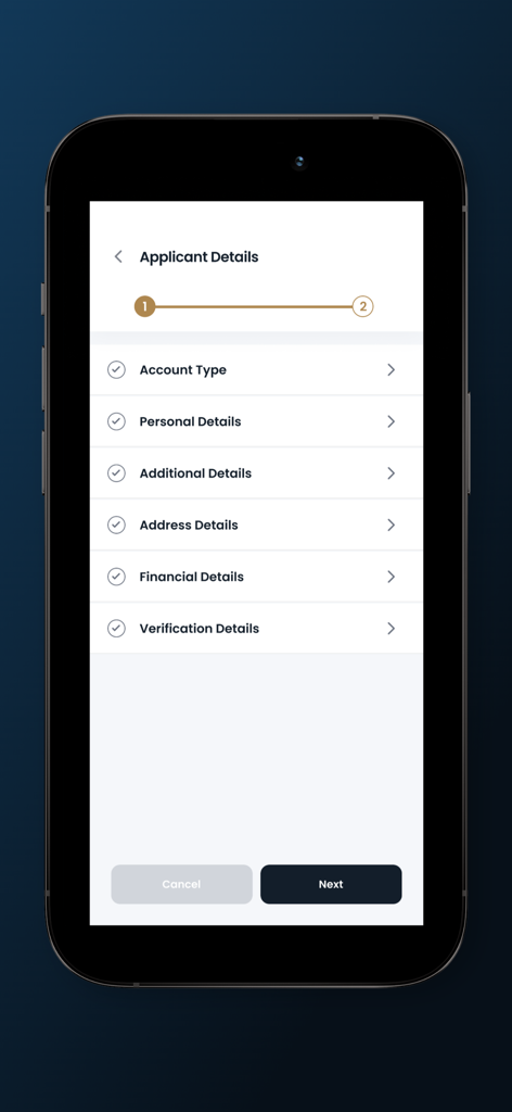 Unite.et - A mobile screen from the Unite.et app showing the applicant details registration checklist including sections for personal and financial information.