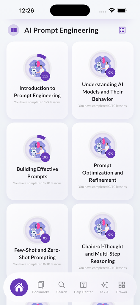 Mobile app screen displaying AI prompt engineering lessons and course progress