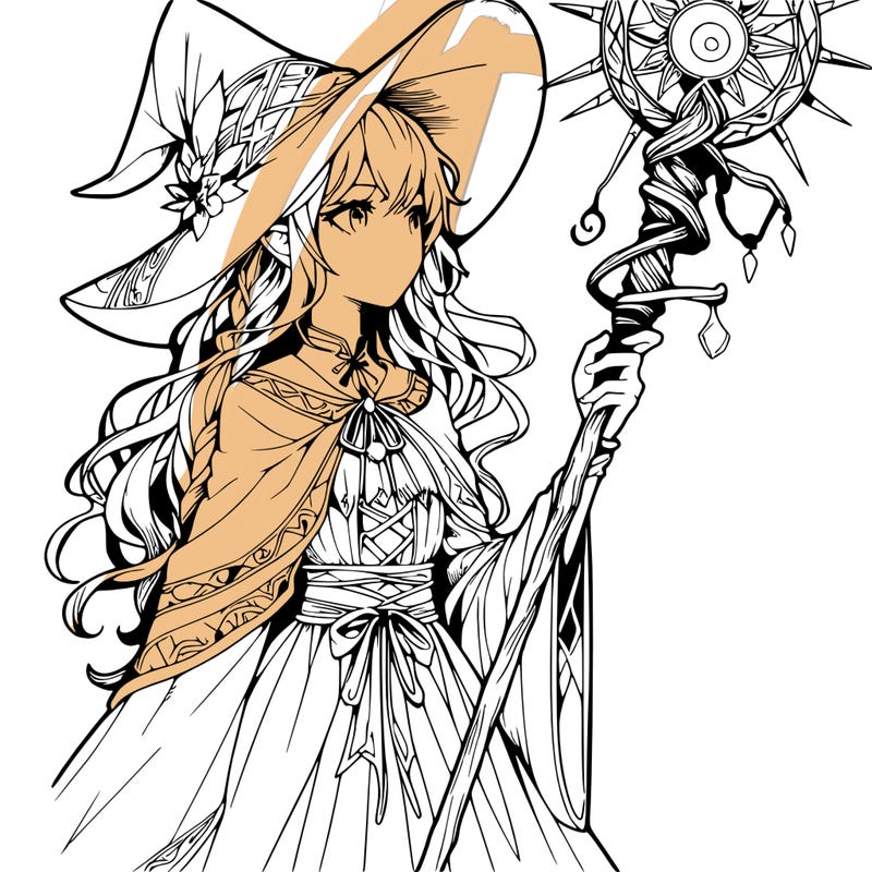 a realistic fantasy manga witch with a staff