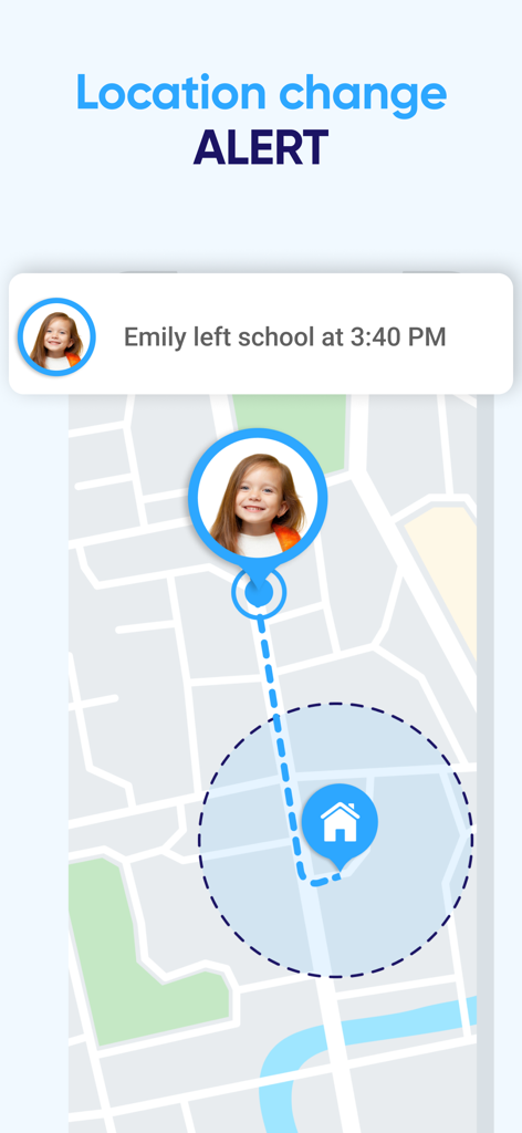 A screenshot of the GPS Tracker app showing a location change alert notification for a child leaving school on a map.