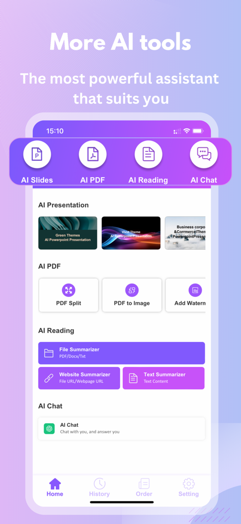 Oberfläche der Smallppt App, die ein Menü von KI-Werkzeugen anzeigt, darunter KI-Folien, KI-PDF, KI-Lesen und KI-Chat.
