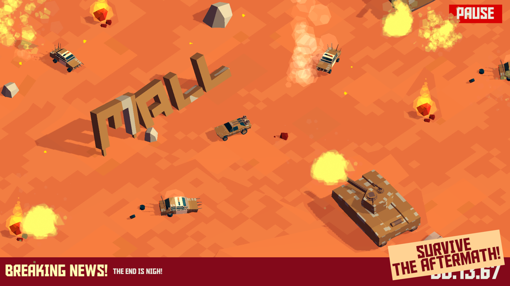 PAKO - Car Chase Simulator - Isometric car chase gameplay featuring a tank and explosions in a desert environment