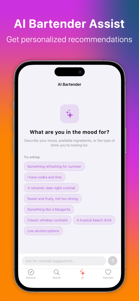 Mobile app screenshot showing the AI Bartender Assist feature for personalized cocktail recommendations