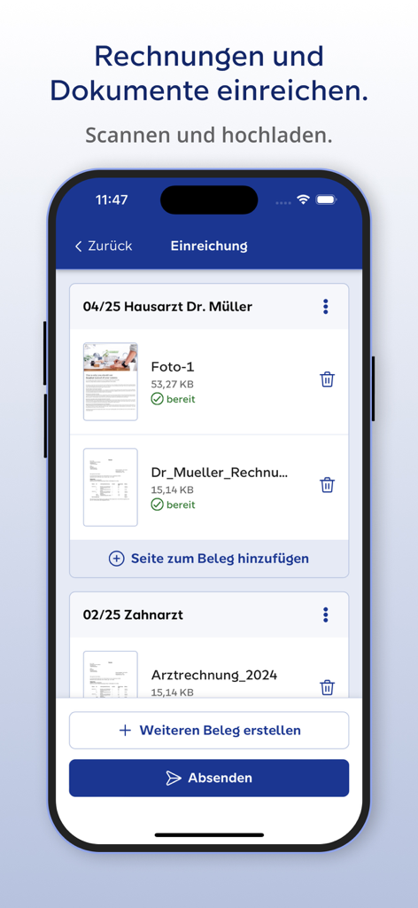 Meine SI Mobile - Interface for scanning and uploading insurance documents and medical bills in the Meine SI Mobile app