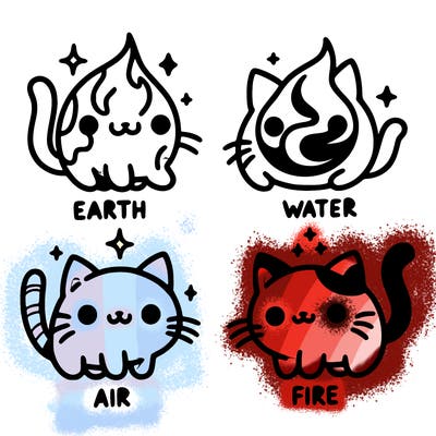 4 cats that represent the different elements, earth, water, air, and fire