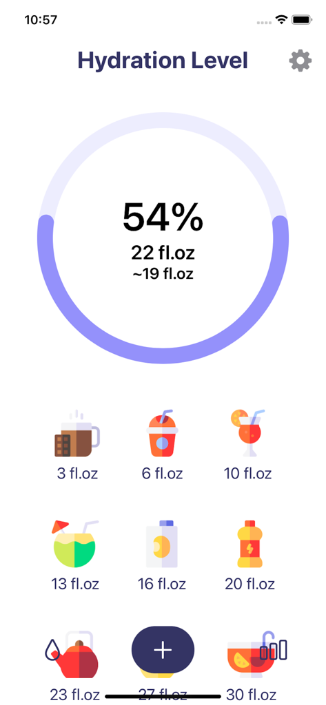 Mobile app interface showing daily hydration level progress at 54 percent with various drink icons for quick logging