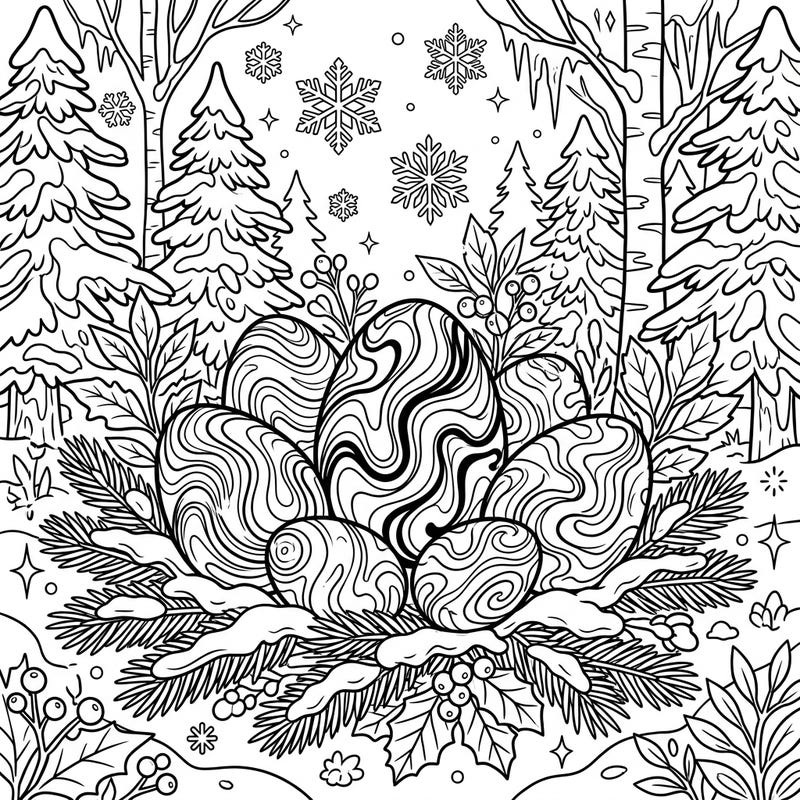 Explore a truly unique coloring adventure with our Marbled Easter Eggs nestled in a serene Winter Wonderland. This page blends festive spring patterns with the crisp beauty of a snowy landscape, offering a delightful challenge for colorists.