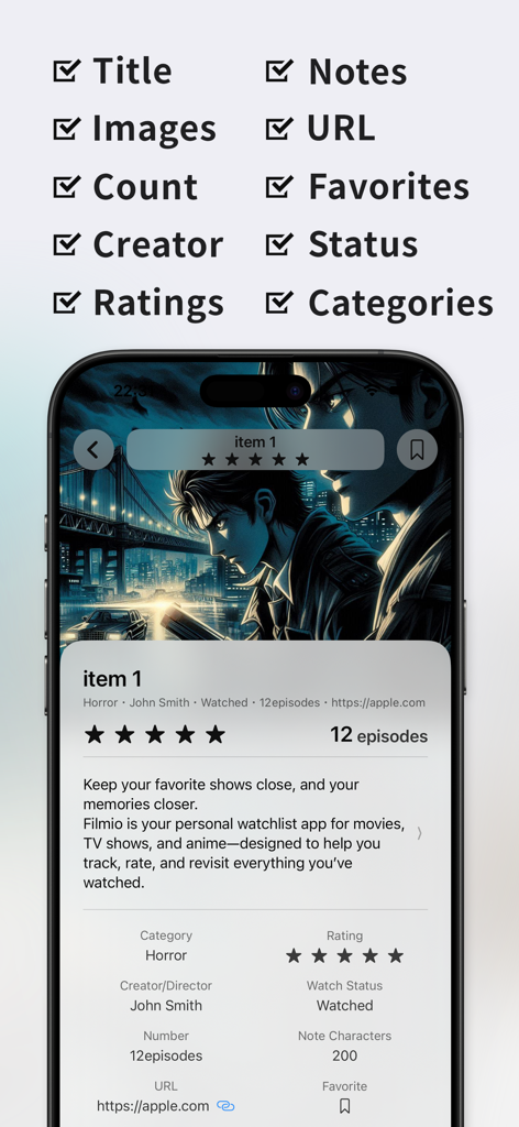 Filmio app screen showing detailed tracking features for movies and anime including ratings, status, and categories