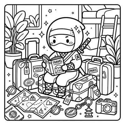 Get ready for a super cute adventure with this Kawaii Ninja on vacation! This delightful coloring page features an adorable ninja amidst suitcases, maps, and travel essentials, ready for imaginative coloring fun.