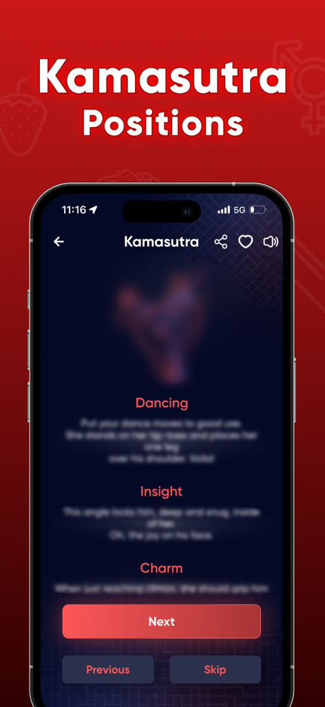Interface do recurso de posições do Kamasutra no aplicativo 7 Jogos Sensuais para Casais Adultos mostrando uma posição chamada Dançando.
