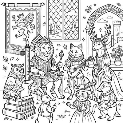 Journey back in time with this enchanting coloring page featuring a full court of Renaissance animals. Kids can bring to life a royal lion, a musical fox, and other charming characters in this wonderfully detailed scene.