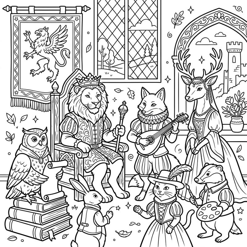 Journey back in time with this enchanting coloring page featuring a full court of Renaissance animals. Kids can bring to life a royal lion, a musical fox, and other charming characters in this wonderfully detailed scene.