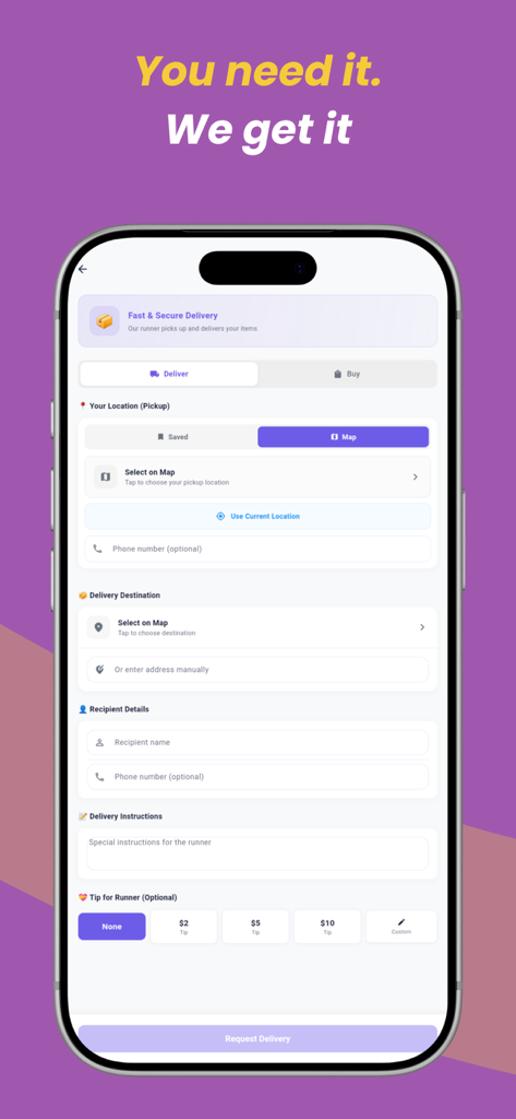 Tela do aplicativo Quicky-Services para solicitar uma entrega mostrando campos para endereços de coleta e destino