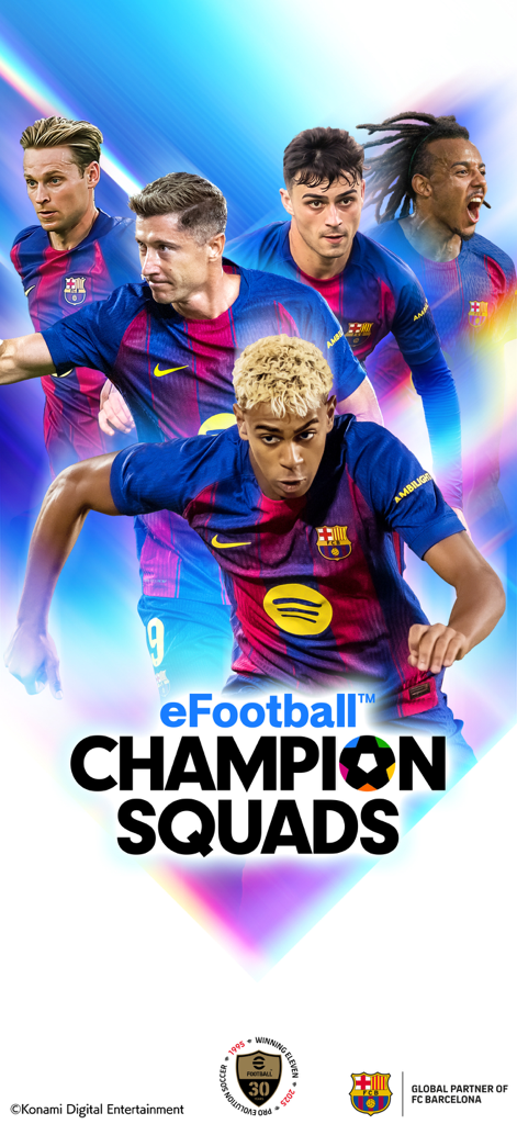 Póster del juego eFootball CHAMPION SQUADS con jugadores del FC Barcelona