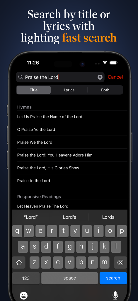 Advent Hymnal - Advent Hymnal app search screen showing hymn results for Praise the Lord