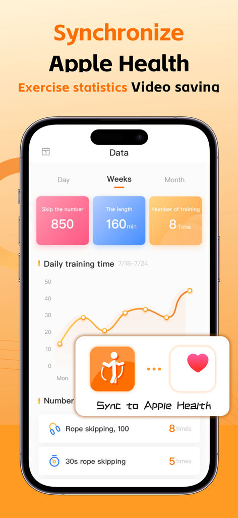 Jump rope counter app showing fitness data and Apple Health integration