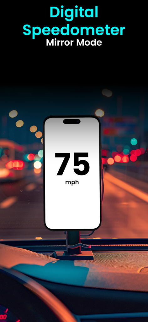 GPS Speedometer Speed Tracker+ - Digital speedometer app showing 75 mph on a car dashboard mount