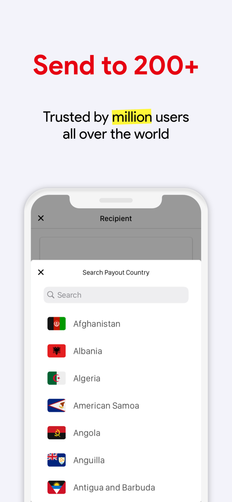 GME Remit mobile app interface showing a searchable list of countries for international money transfers