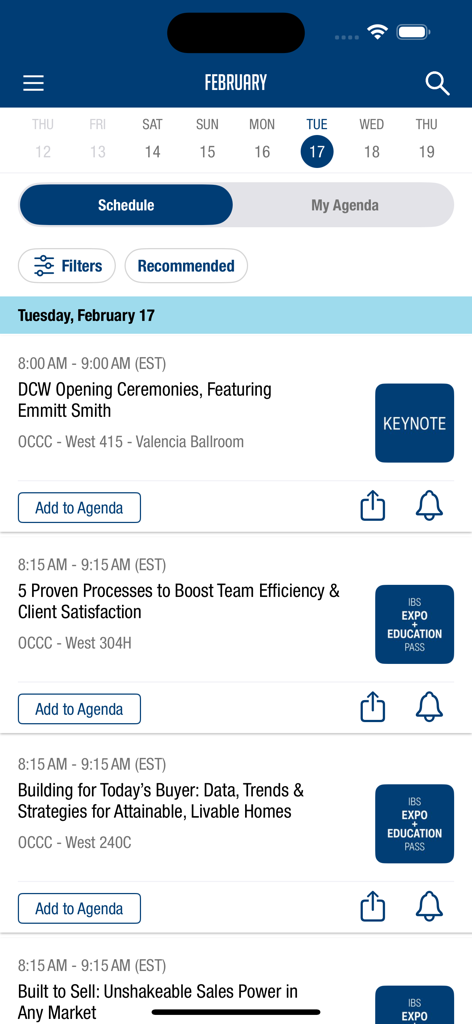 IBS 2026 - IBS 2026アプリが毎日のイベントスケジュールと教育セッションを表示しています。