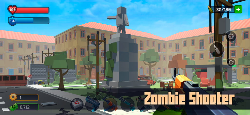 Pixel Combat: Zombie Games 3-D - Pixelated first person shooter gameplay showing a city square and weapons menu