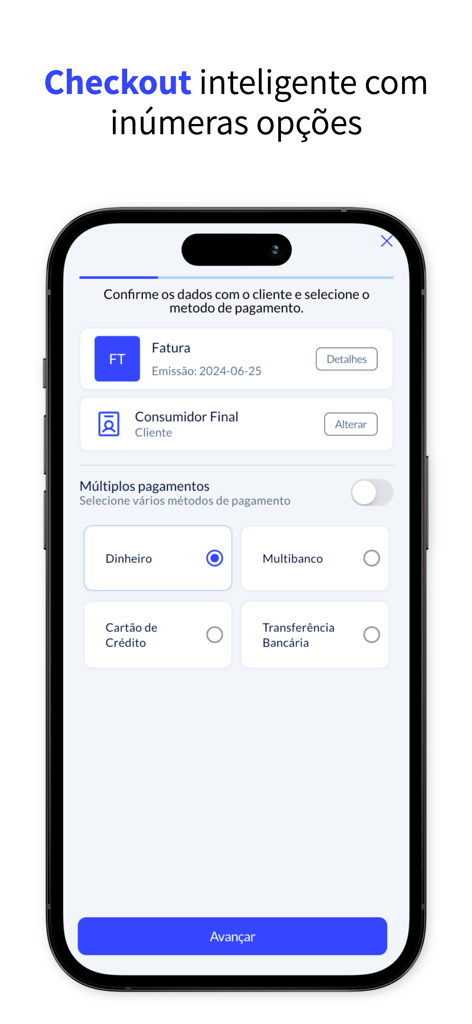 Ecrã de checkout POS móvel Cegid Vendus mostrando métodos de pagamento como dinheiro e cartão de crédito