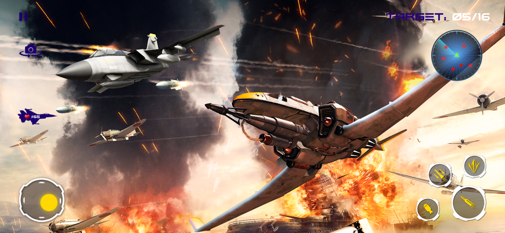 Intense 3D sky dogfight between modern warplanes and naval ships with fiery explosions