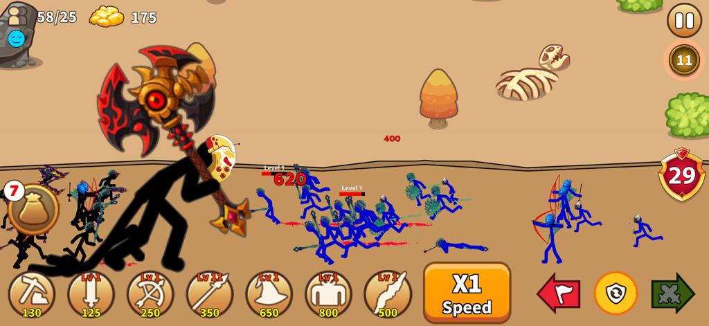 Stick Giant: Infinite Kingdom - A giant stickman warrior wielding a large red axe against an army of blue stickmen in a strategy battle.