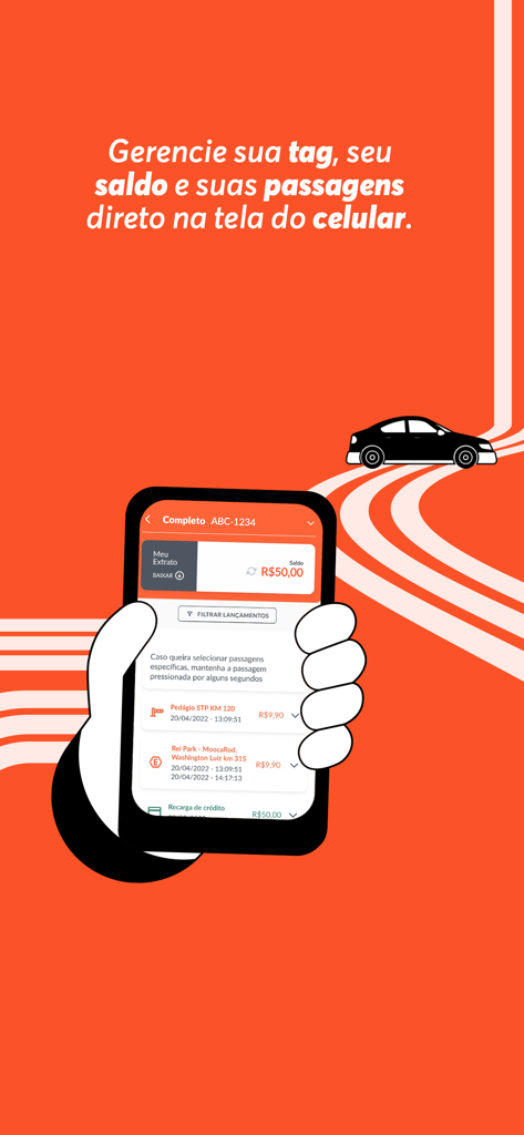 ConectCar: Tag, benefícios e + - Smartphone screen displaying ConectCar app balance and toll transaction history