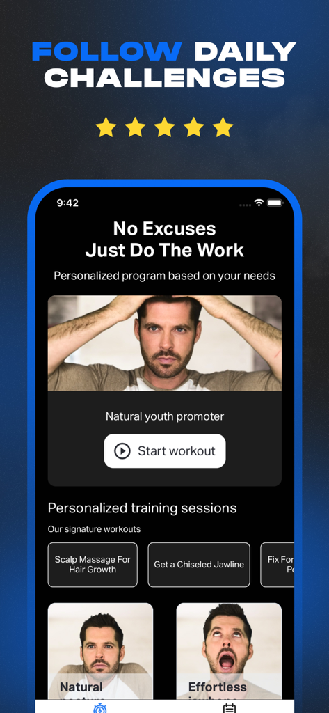 Alpha Face: Facial Exercises - Alpha Face app screen displaying personalized facial exercise programs and daily challenges for men