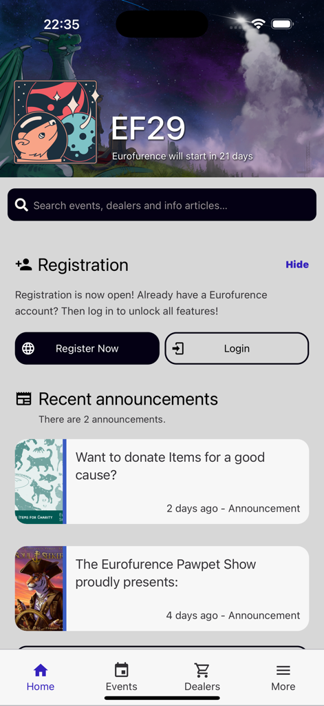 Home screen of the Eurofurence Convention app with registration buttons and event announcements