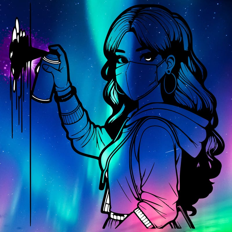 realistic girl with mask spray painting a wall