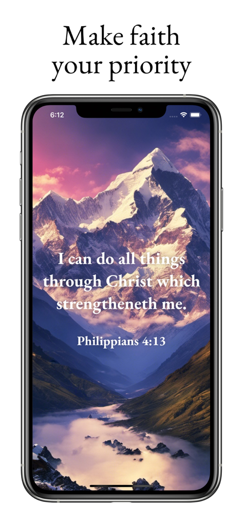 Bible Widget - iPhone displaying a Bible verse widget with a mountain landscape background