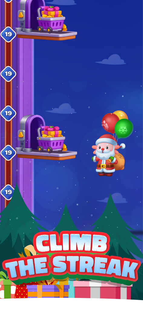Triple Minded: 3D Sorting Game - A Christmas event screen for Triple Minded 3D Sorting Game featuring a Santa character and a Climb the Streak challenge